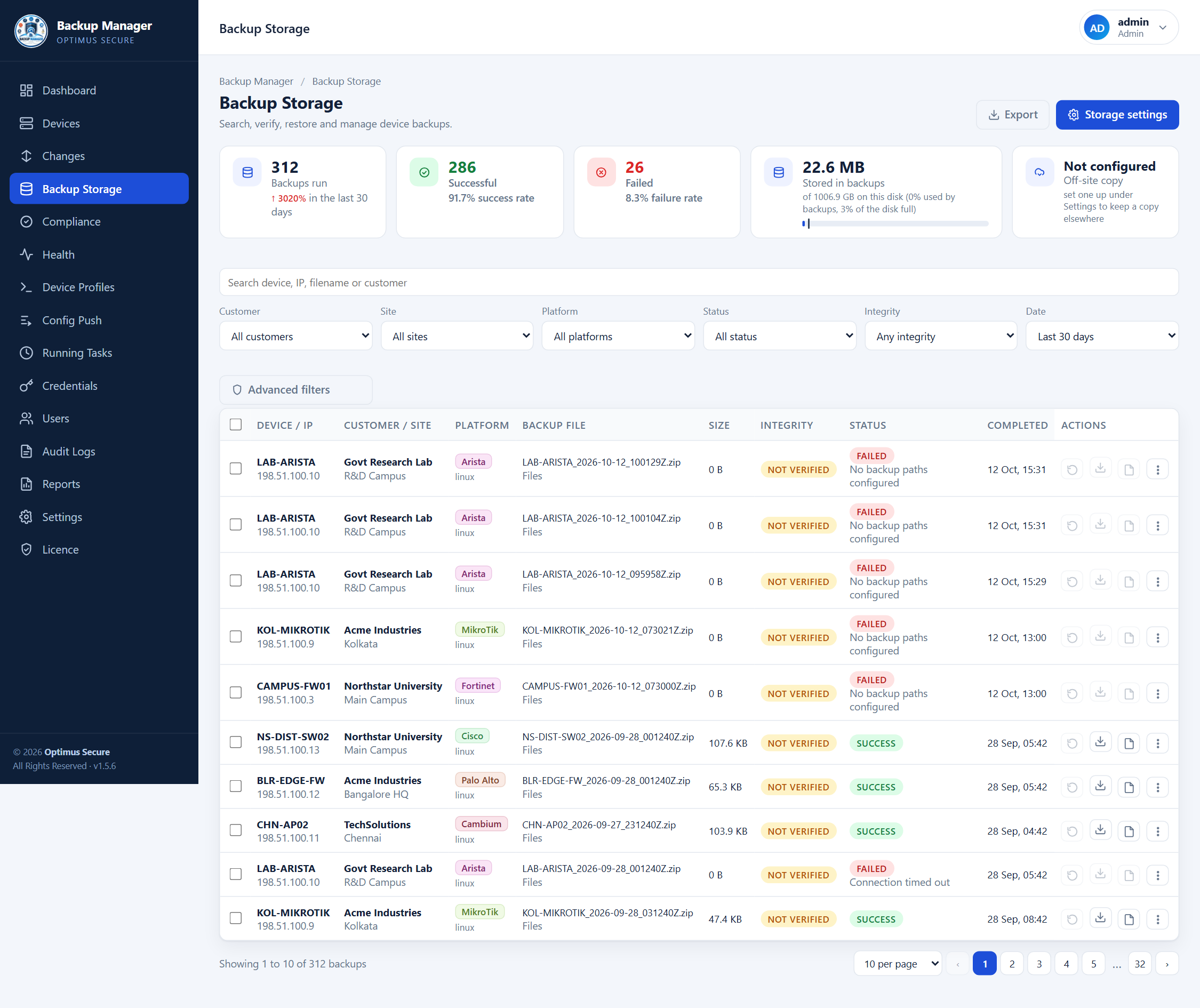 Backup Manager backup storage page listing stored archives with size, status and completion time