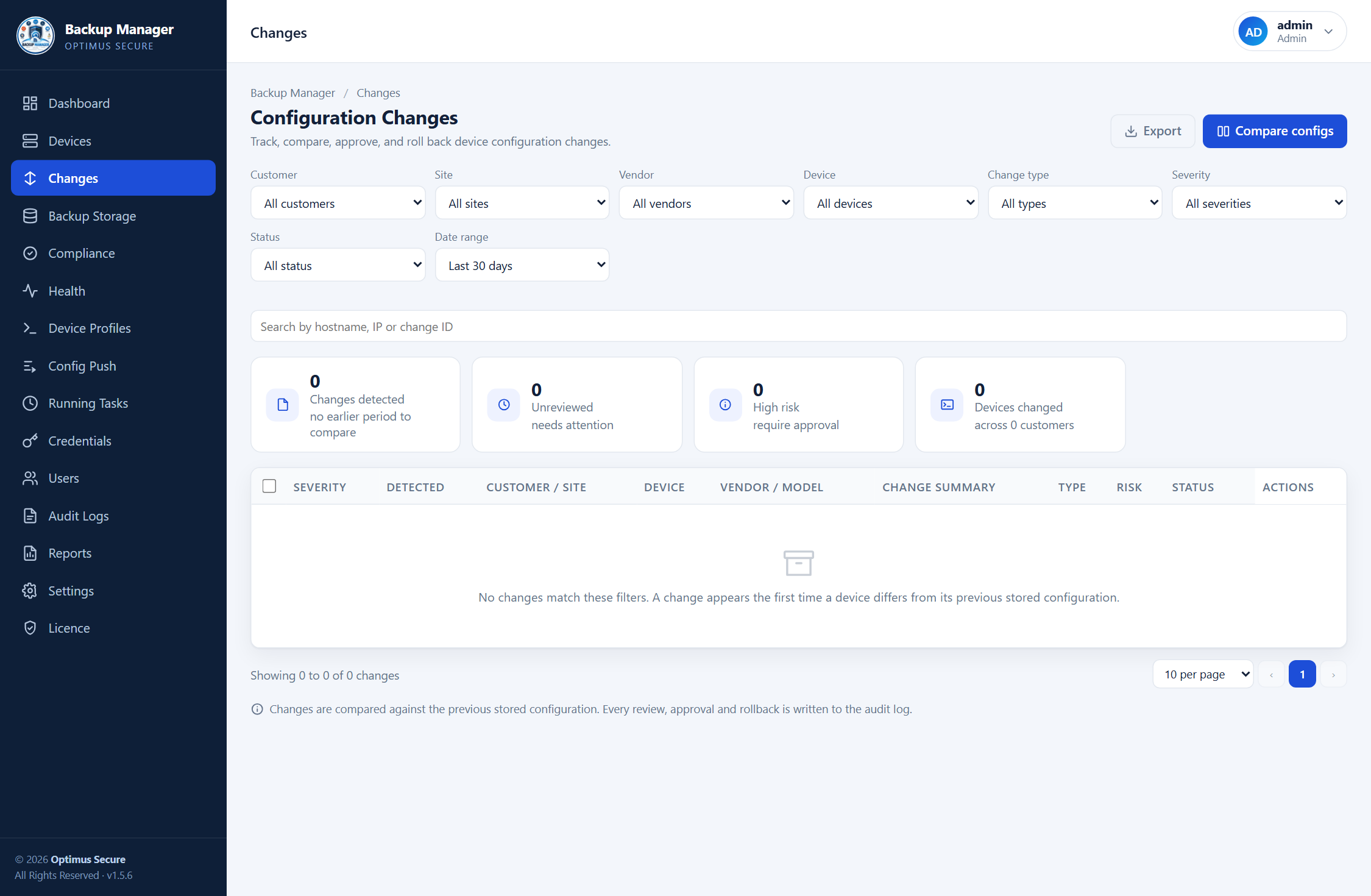 Backup Manager configuration changes page showing which devices changed and how many lines were added or removed