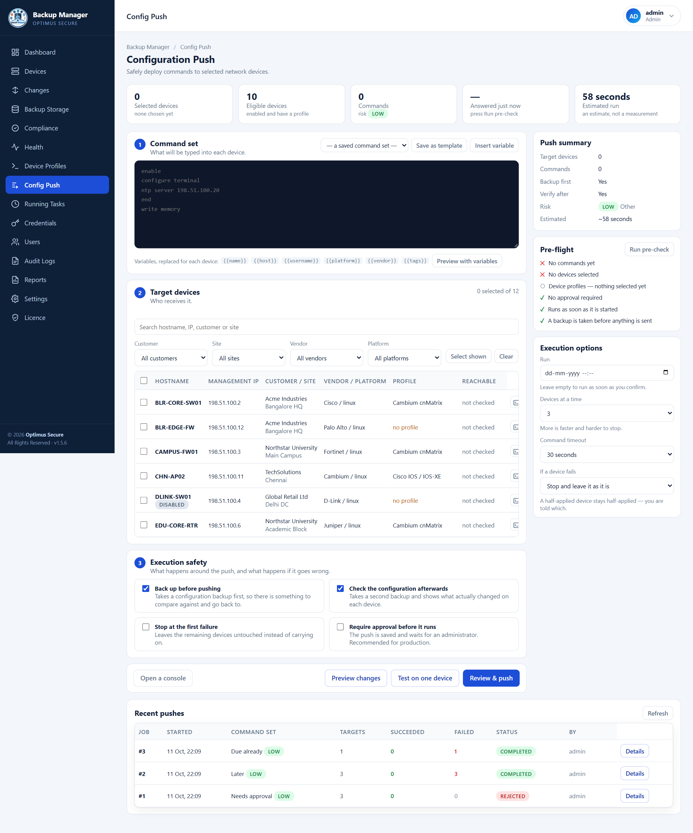 Config Push — pre-flight checks, risk, approval and scheduling. The data shown is an example, not a live network.