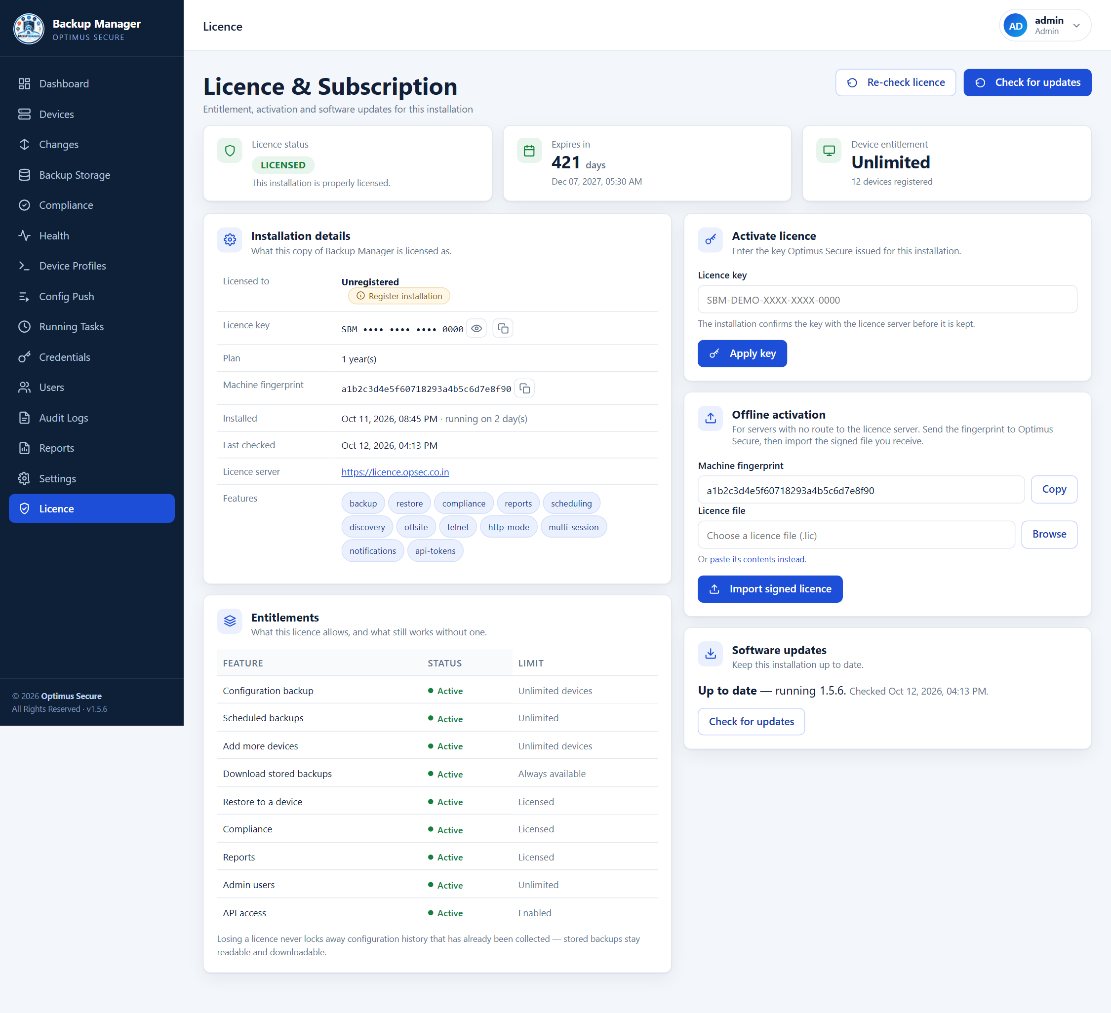 The Licence page — entitlement, activation and software updates. The data shown is an example, not a live network.