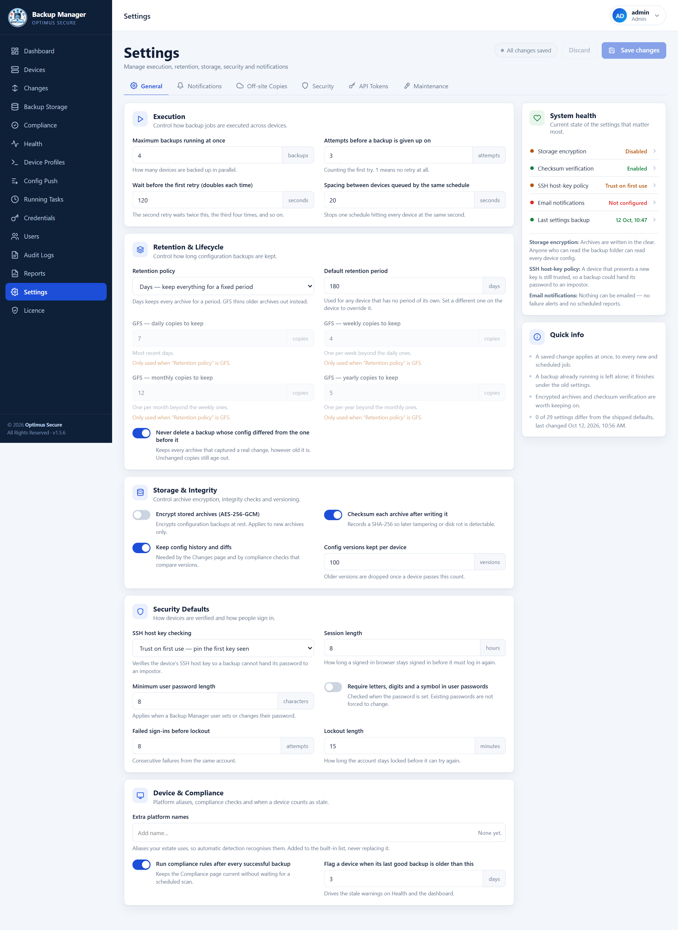Settings — grouped cards, a draft that must be saved, and a system health panel. The data shown is an example, not a live network.