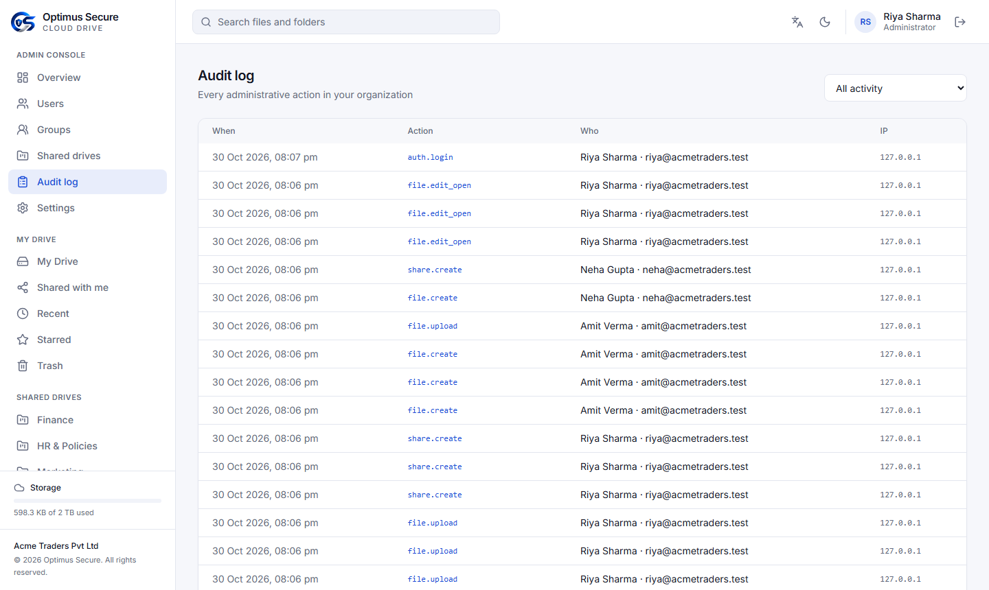 Audit log with filters.