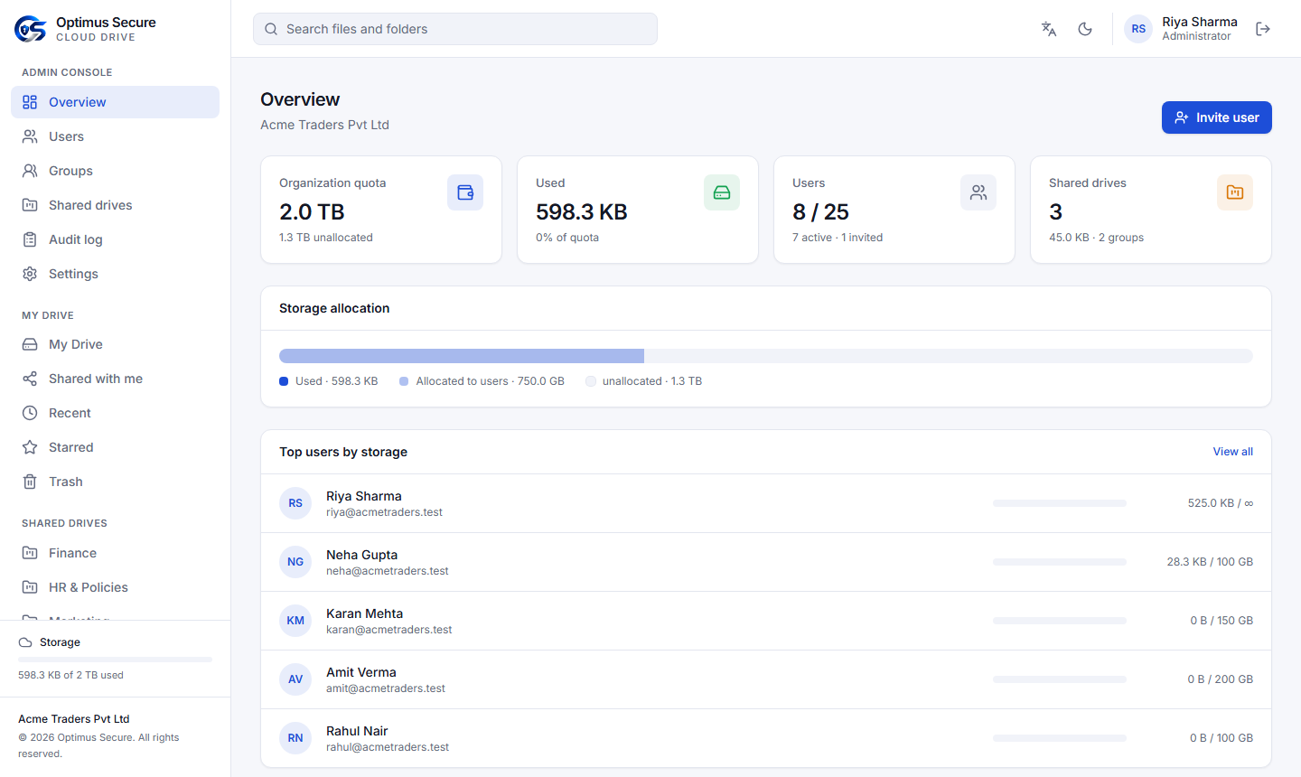 Company overview with quota, storage used, seats, shared drives, storage allocation and top users