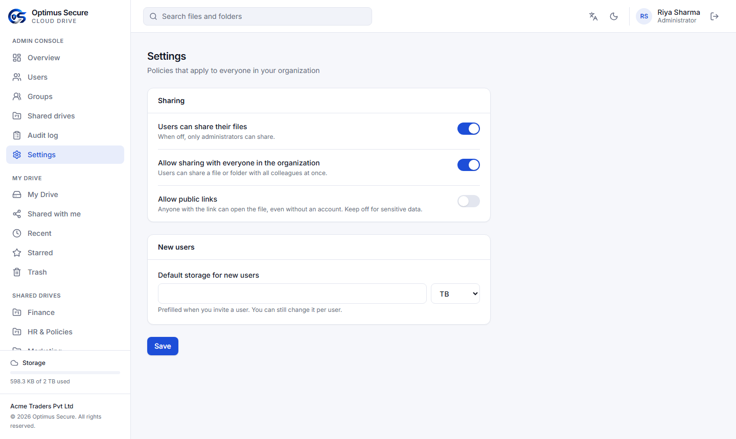 Organization settings for sharing and default storage.