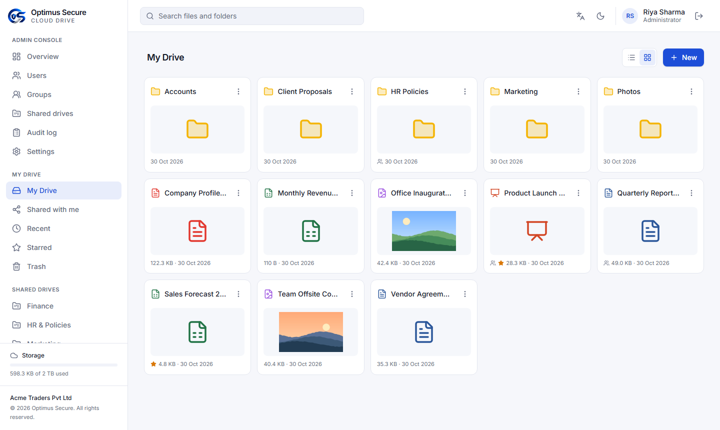 Cloud Drive showing My Drive in grid view with folders, Word, Excel and PowerPoint files, a PDF and photo thumbnails