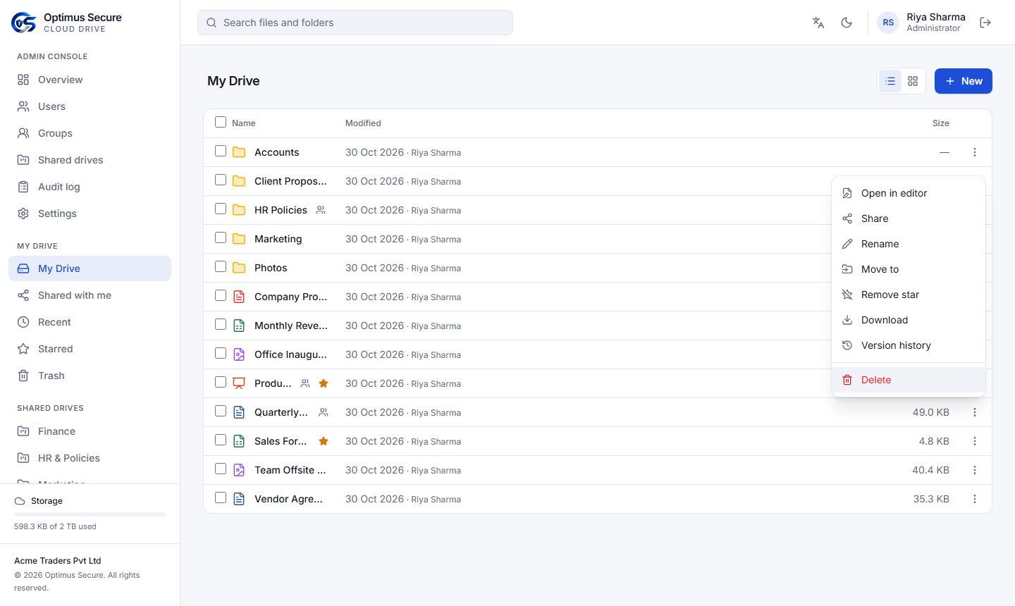 My Drive in list view with the three-dot menu open: open in editor, share, rename, move to, star, download, version history and delete