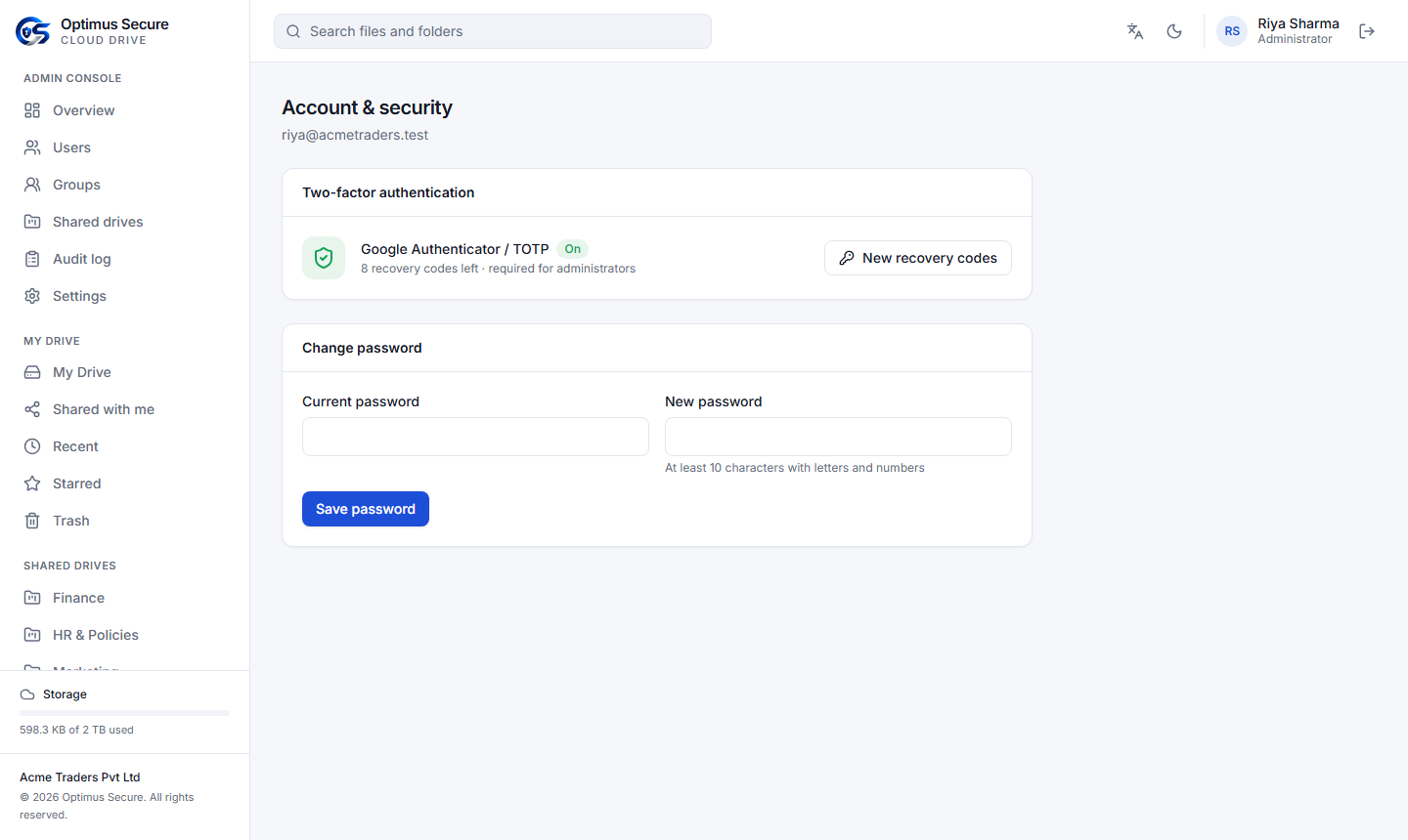 Account and security page with password change, two-factor authentication and recovery codes.