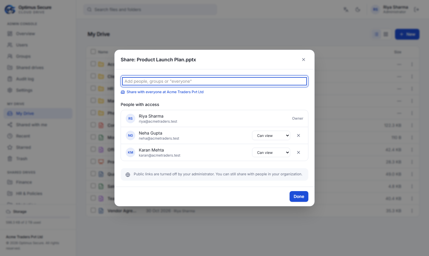Share dialog listing the people with access and their Can view or Can edit permission