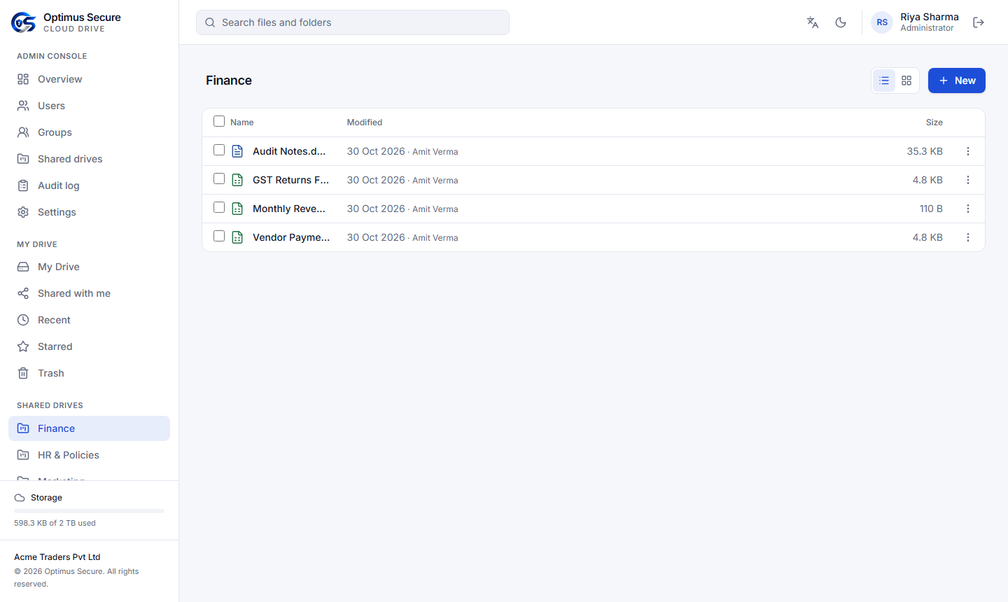 The Finance shared drive with spreadsheets and documents added by the accounts team