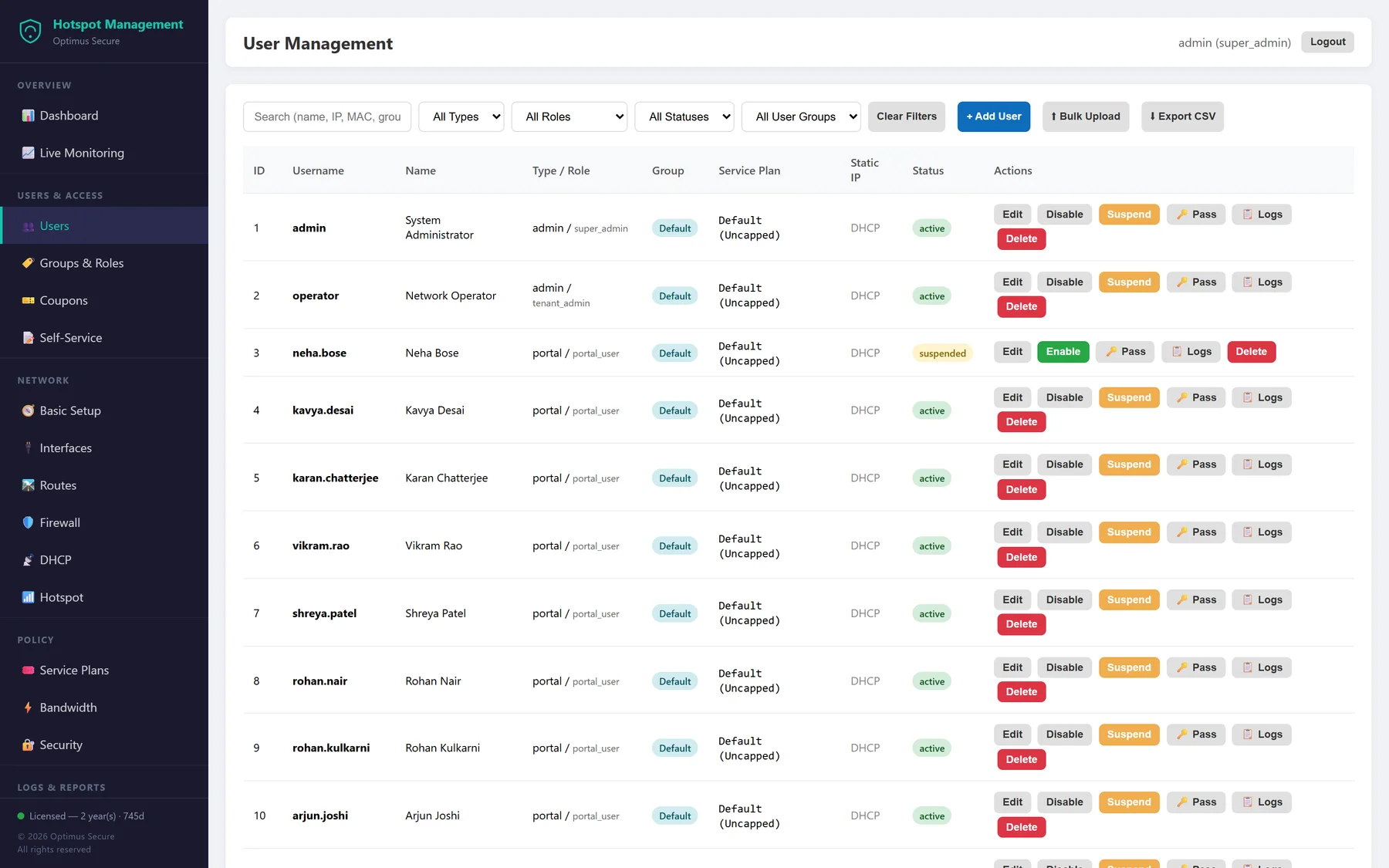 User management page listing portal accounts with their plan, group and status