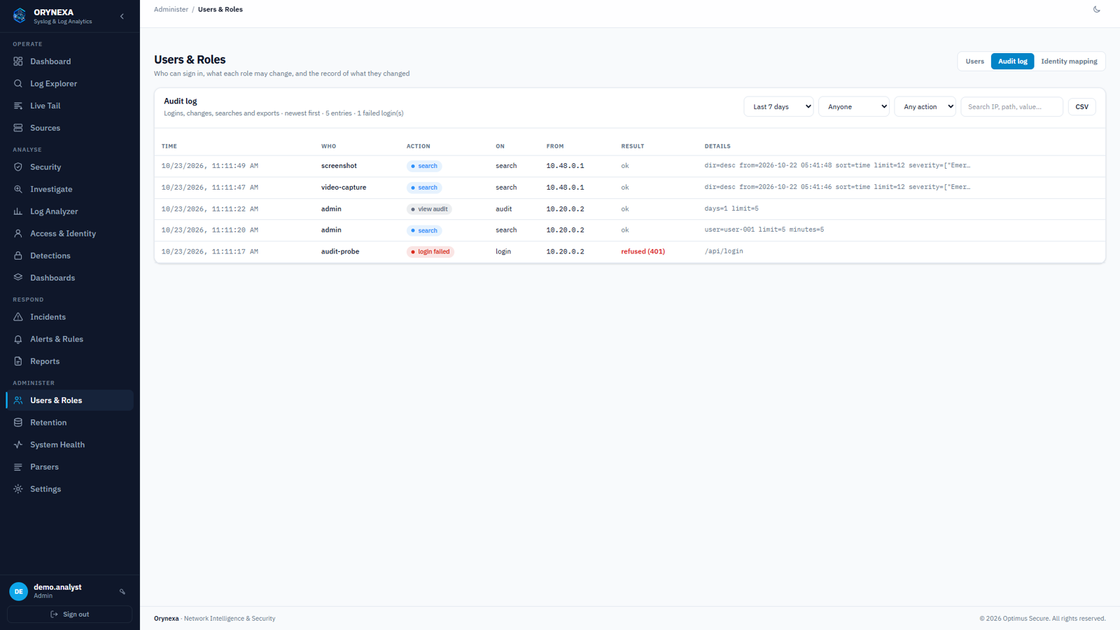 Audit log of sign-ins, searches and changes with client address and result.