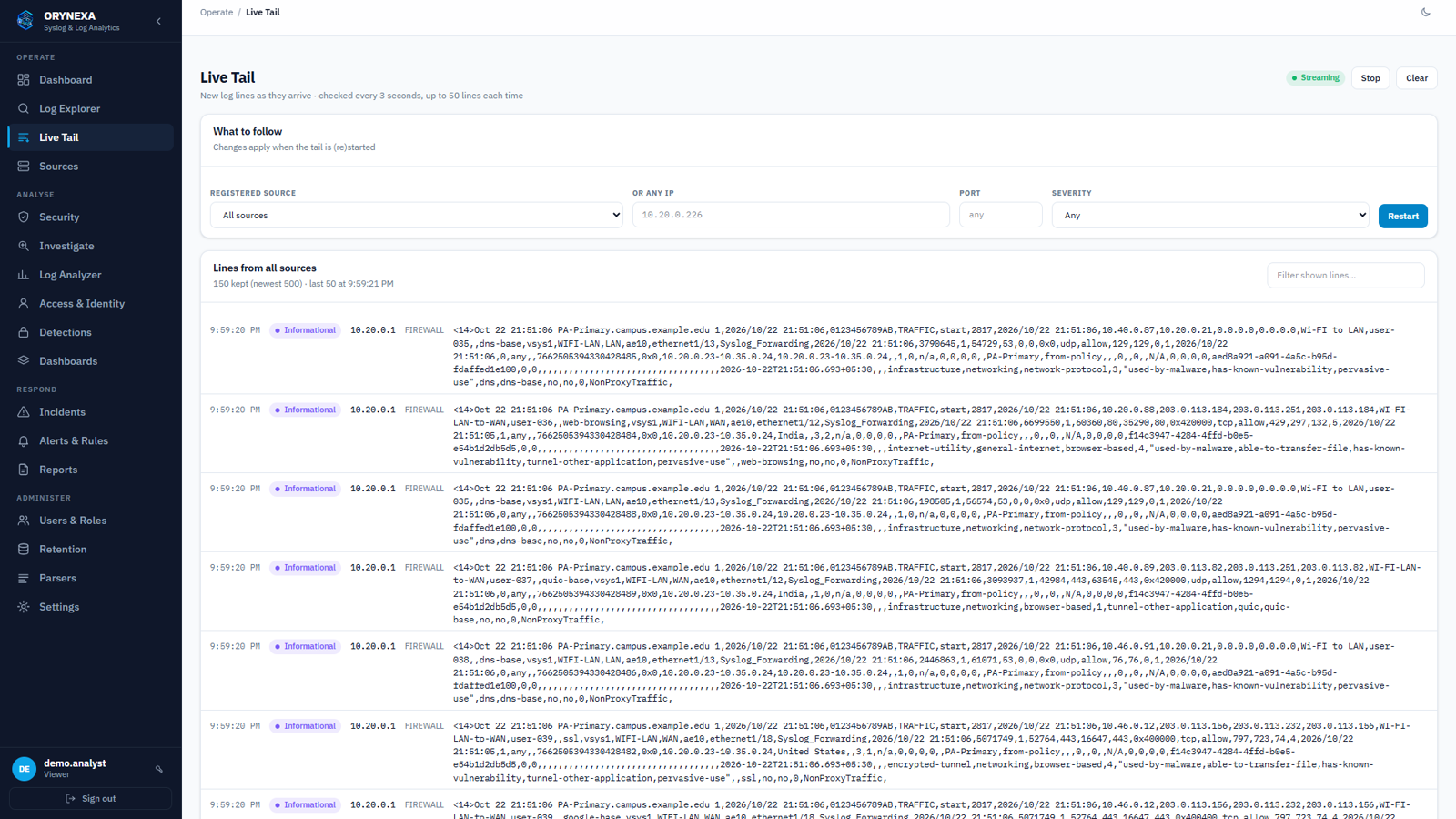 Live Tail streaming lines from all sources.