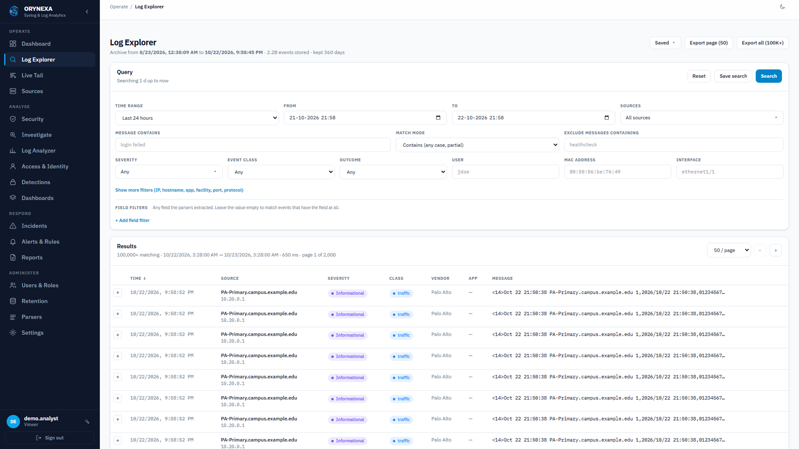 Log Explorer with filters for time, sources, severity, event class, user, MAC and interface, and results